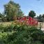 Red Barn playhouse with climbing elements in playground surrounded by greenery.