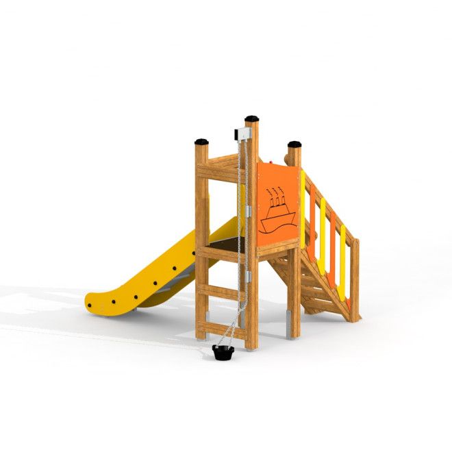 Marlin wooden playground slide with climbing stairs and steering wheel panel