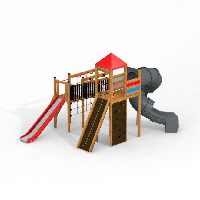 Twister II wooden playground structure with red roof, slides, climbing wall, and tunnel slide.