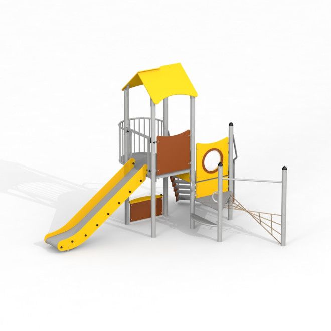 Playground structure Observatory with a slide II with yellow roof, slide, climbing net and play pane