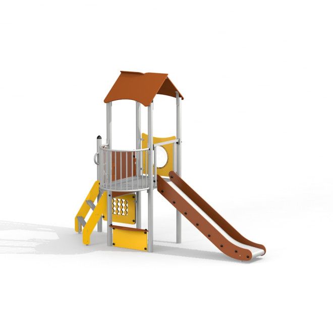Viewpoint with a slide playground climbing frame with brown slide and yellow climbing steps
