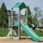 Viewpoint with a slide playground equipment with green slide and climbing elements