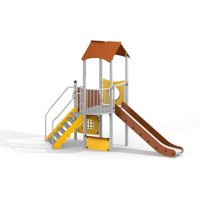 Viewpoint with a slide II playground equipment with stairs, roof, and brown slide