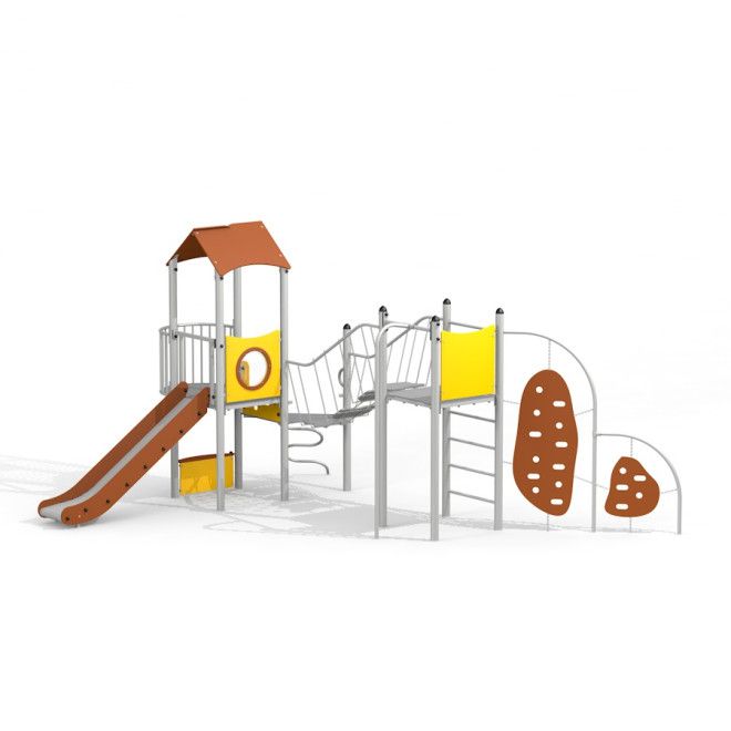 Young explorer with a climbing wall playground structure with slide and climbing elements