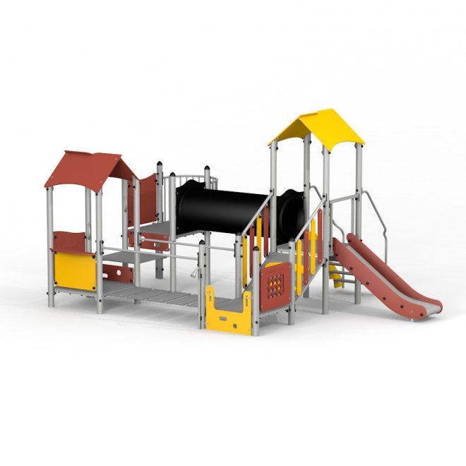 Fortress with a slide II childrens playground equipment with red and yellow roofs, slide and climbin