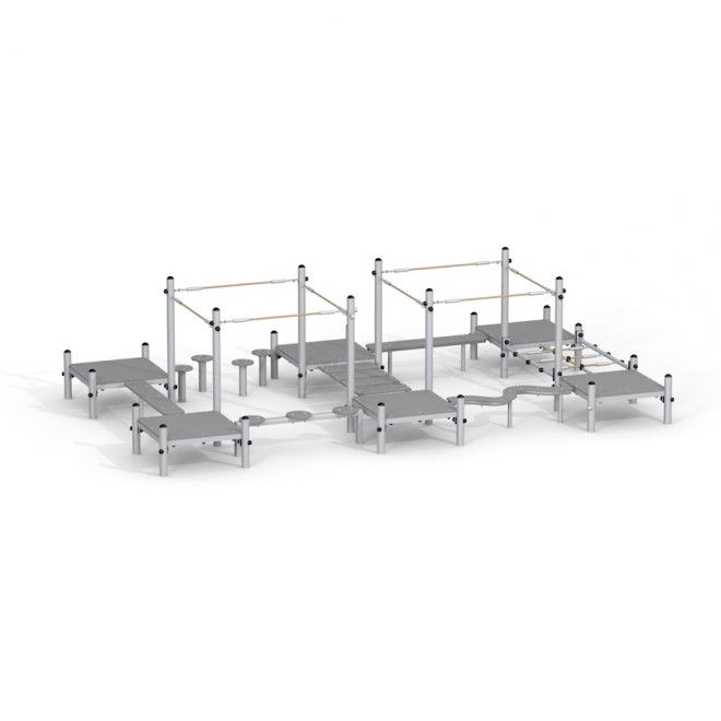 Balance course II playground climbing and balancing equipment with multiple platforms and ropes.