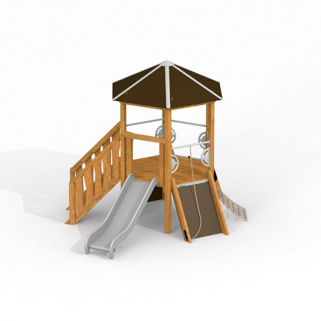 Six Angle w/ stairs & slide wooden playhouse with climbing wall and rope net for playground
