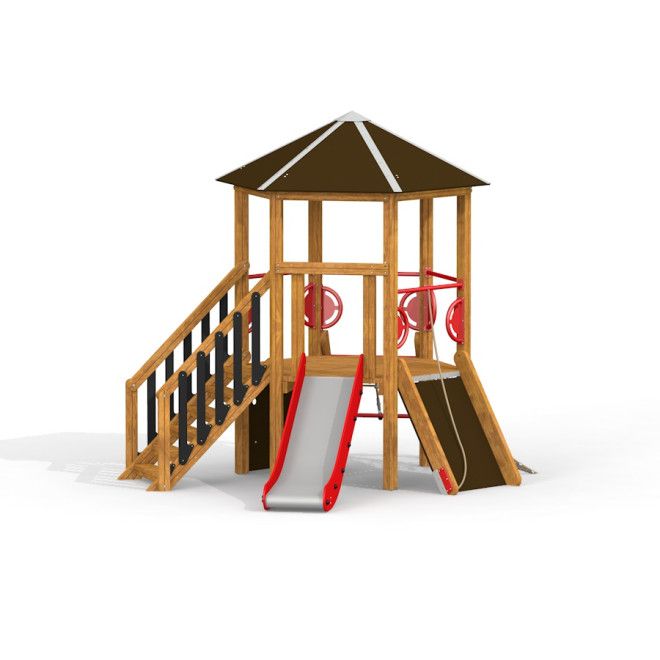 Six Angle w/ Stairs & Slide (H90) wooden playhouse with climbing stairs and dual slides for children