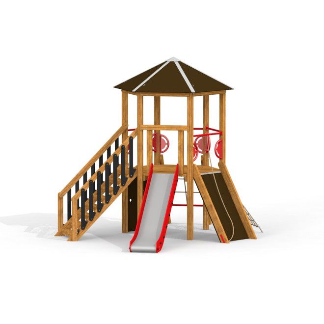 Six Angle w/ Stairs & Slide wooden playground equipment with climbing elements and two slides