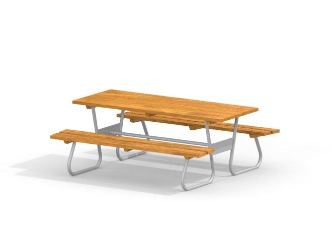 Wood-metal table with benches for outdoor playground seating