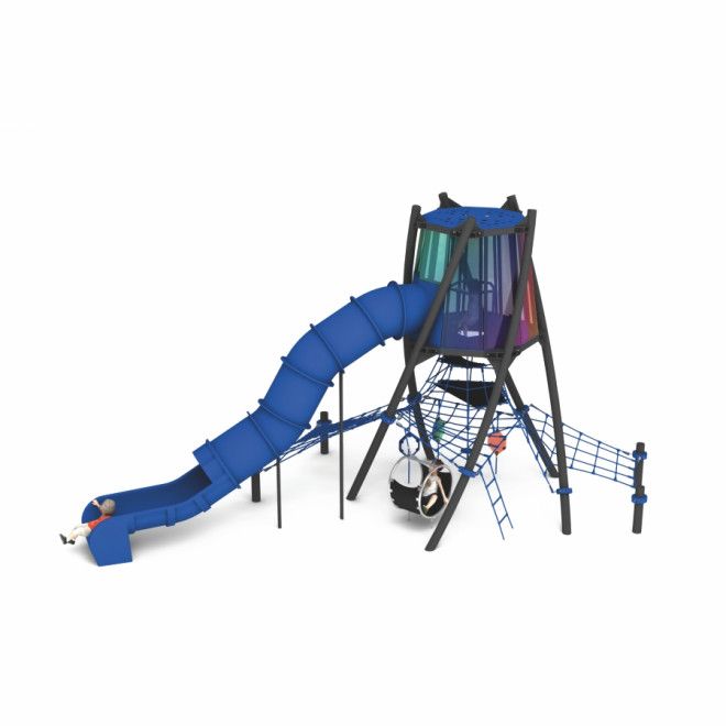 Harmattan playground equipment with blue tube slide and climbing nets