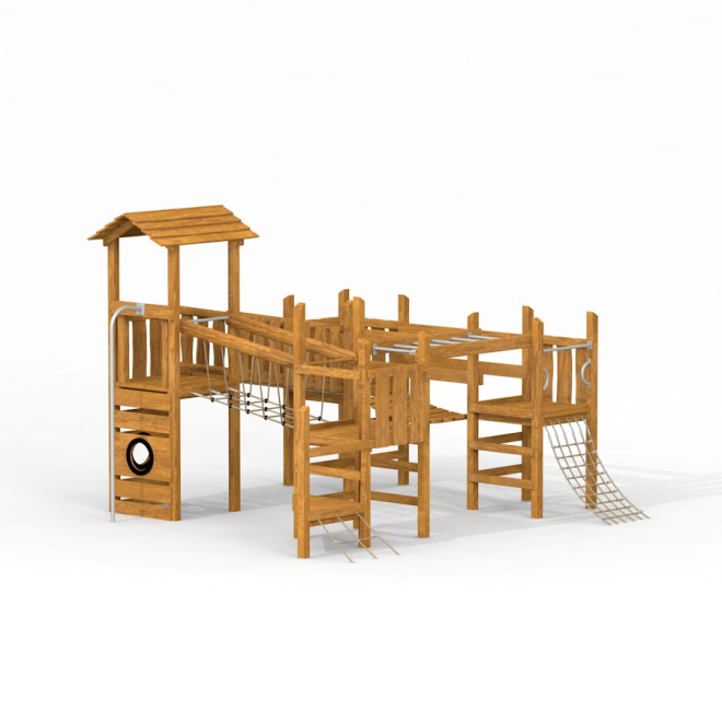 Challenger Uvala II wooden playground climbing structure with slide and rope elements