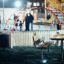 Cross Climber steel structure in a playground at night with children and parents around