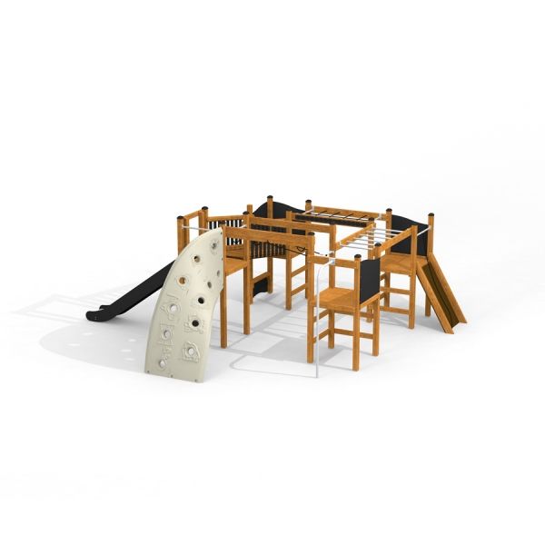 Challenger Aztec playground structure with climbing wall, slide, and monkey bars