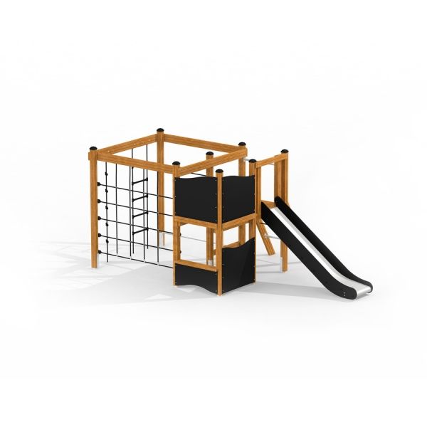 Wooden play structure with slide and climbing net, Little Jungle Nature.