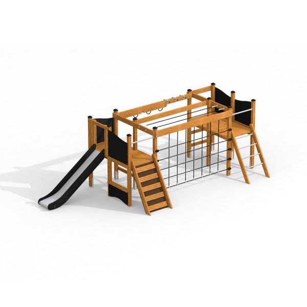 Wooden playground structure with slide and climbing nets; Romping Center Nature.