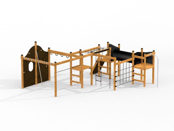 Motor Function Center Nature, wooden playhouse with climbing frames and slide.