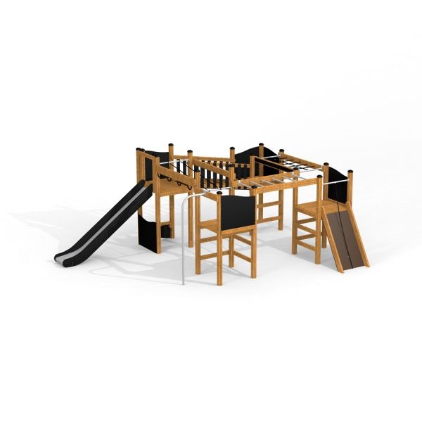 Wooden playground structure with slides and climbing ropes, Challenger Nature.