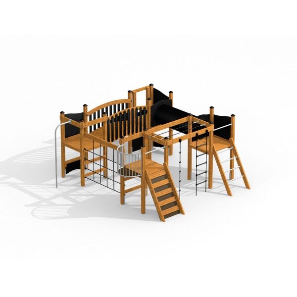 Square Play Nature - wooden playground equipment with slides, ladders, and climbing nets