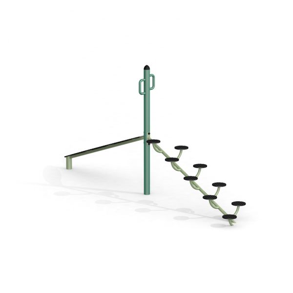 Outdoor playground equipment Balances with green balance beam and black stepping discs.