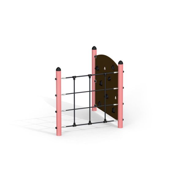 Hidden corner steel structure for playground with climbing wall and rope net.