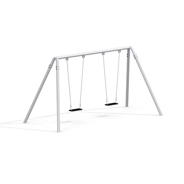 Silver Double Swing playground equipment with two black seats and a white frame.