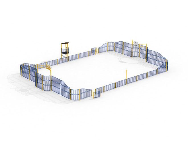 Outdoor Nou Camp sports arena for soccer and basketball with blue and yellow fencing.