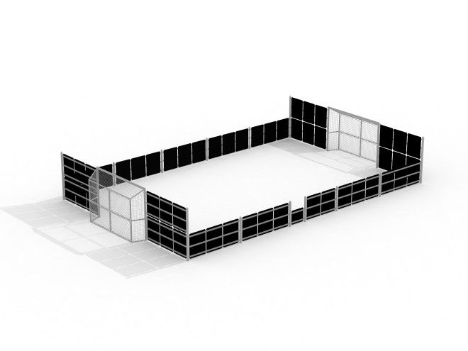 Outdoor sports arena Highbury with black and white fencing.