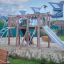 Wooden playground set with slide and climbing elements in a residential area, Alstad.