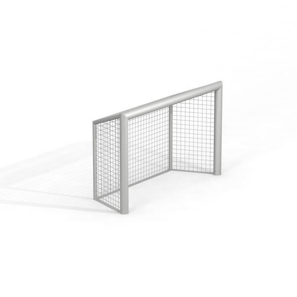 Compact metal football goal with mesh netting.
