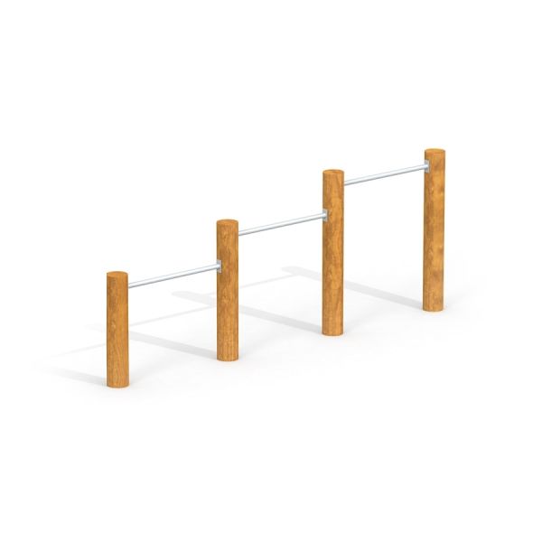 Triple Somersault Nature playground equipment with three wooden posts and horizontal metal bars
