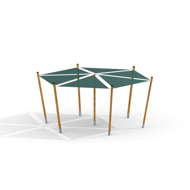 Sun Shades playground canopy with wooden poles and green fabric cover