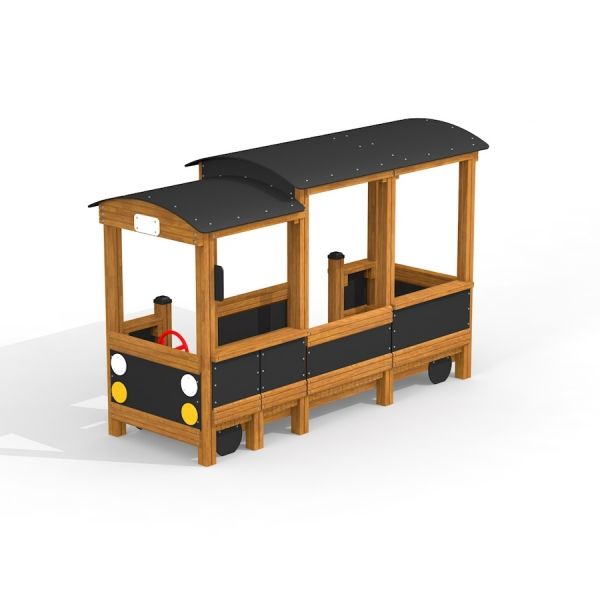 Wooden children's play bus with black panels and a red steering wheel from Bus Nature set.