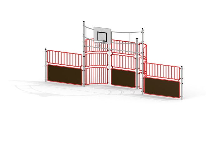Modern sports play center Pele with basketball hoop and red safety fence
