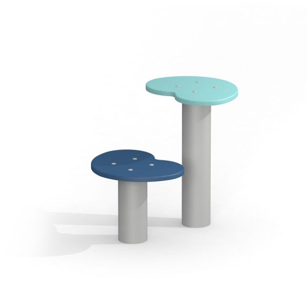 Two stools named Table and chair with round, playful designs in blue and light blue.
