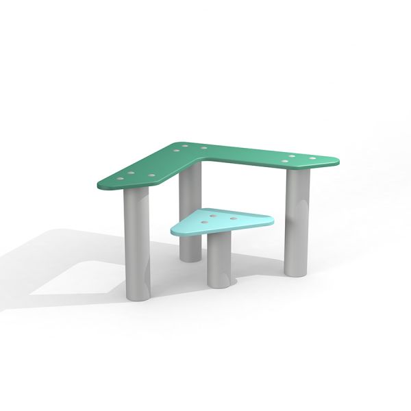 Triangle seat and table with green tops and gray legs