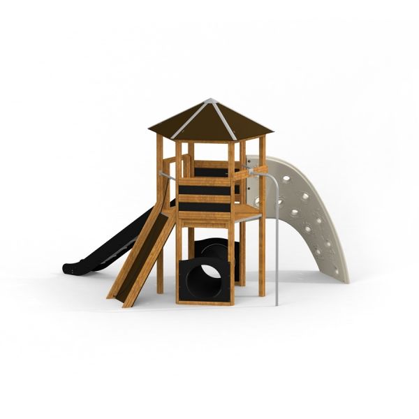 Children's playground structure Six Angle Aztec with slide and climbing wall.