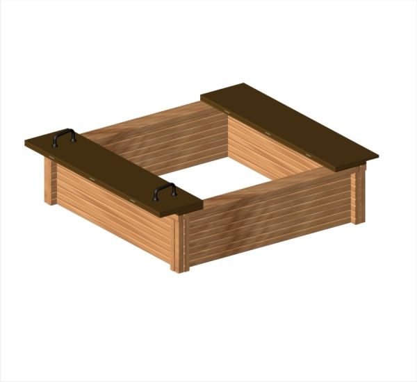 Covered sandbox made of wood with dark brown lids.