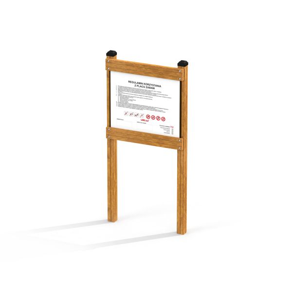 Information display board on wooden stand, Rules Tab product.