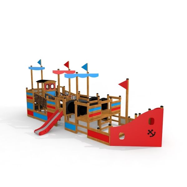 Colorful playground structure in the shape of a ship with a slide, named Bounty ship with slide.
