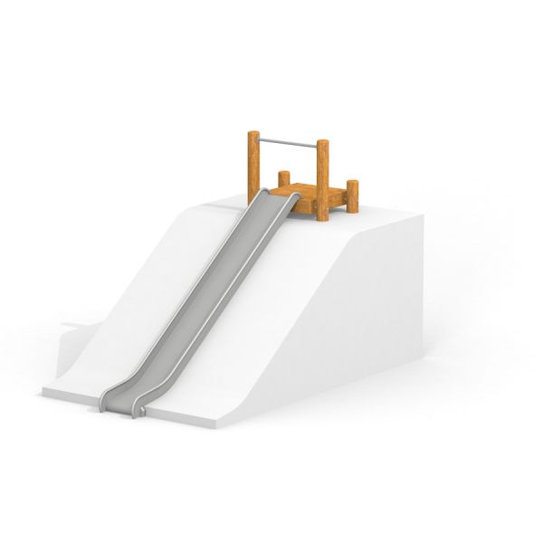 Children's slide Hill Slide h210 with wooden top structure and gray slide on a white ramp.
