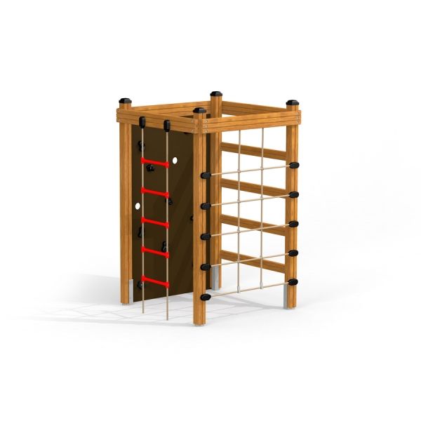 Wooden climbing box playhouse with a rope ladder and climbing net.