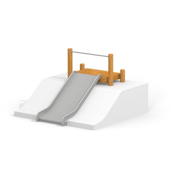 A wide playground slide with wooden posts and a grey smooth surface for children.