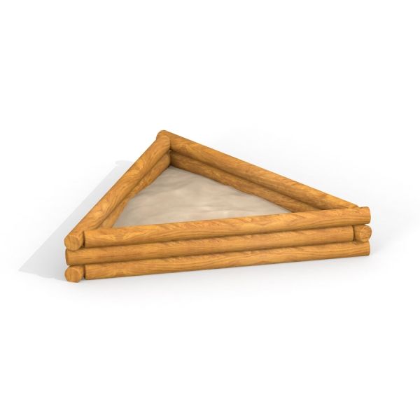 Triangle Sandbox made of wooden logs filled with sand.