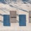 Concrete table tennis, free-standing tables in an outdoor setting, top view.