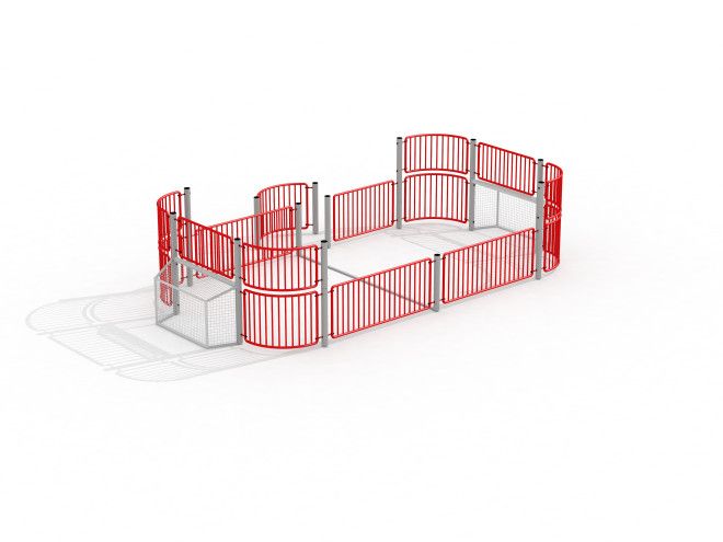 Red and white portable sports arena fence system - Allianz Arena.