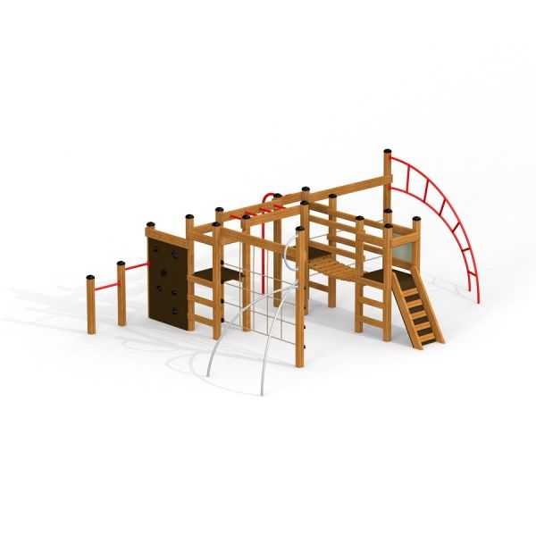 Panther wooden playhouse for children with climbing features and slides.