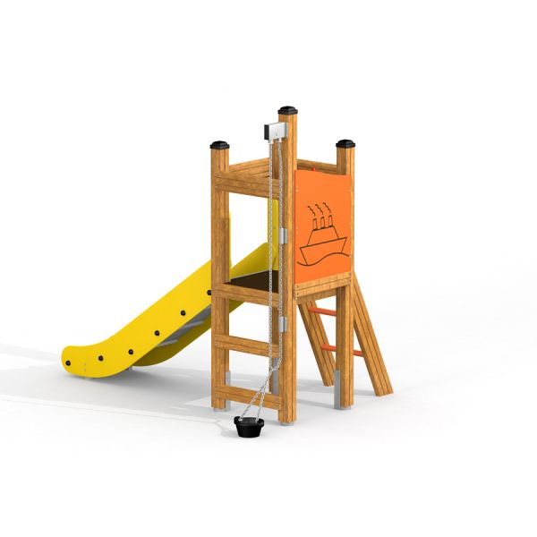 Wooden climbing frame with yellow slide and orange panel with boat drawing, Pi.
