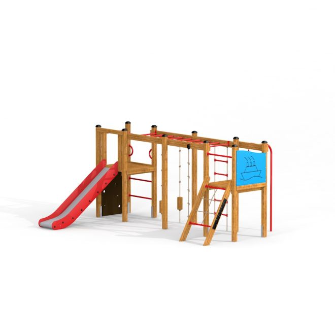 Zebra single slide playground structure with red slide, climbing ropes, and wooden frame