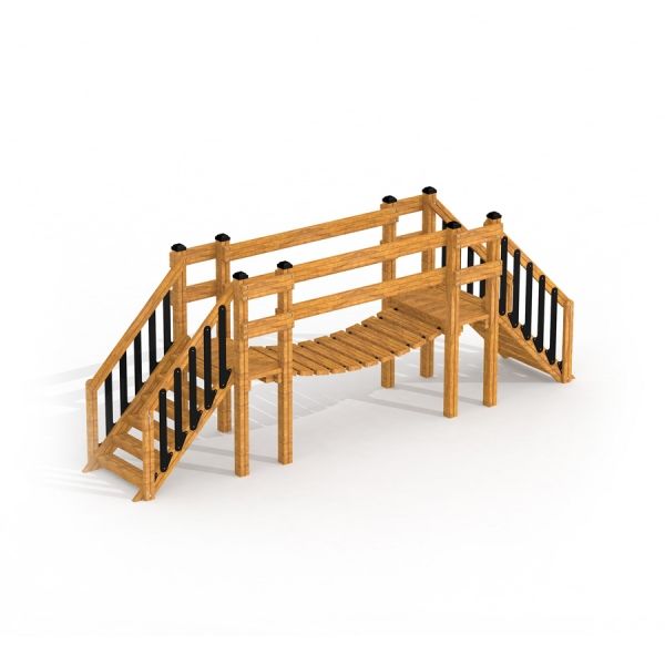 Wooden Bridge playground equipment with black railings.